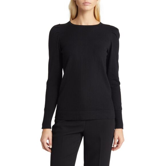 Anne Klein Tuck Shoulder Cotton & Cashmere Crewneck Sweater in Anne Black - Picture 1 of 1